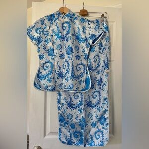 Blue Floral Kids Pajama Set - Short Sleeve Top & Pants